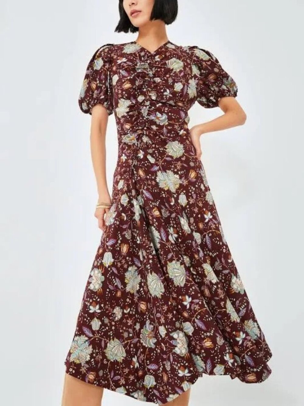 Ulla Johnson Heleen Burgundy Floral Puff-Sleeve Midi Dress